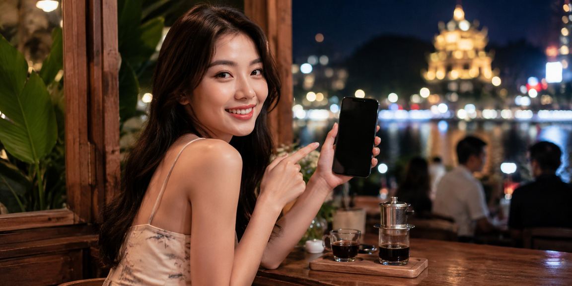 Người dùng Ninh Bình chơi casino trên điện thoại tại quán cà phê buổi sáng