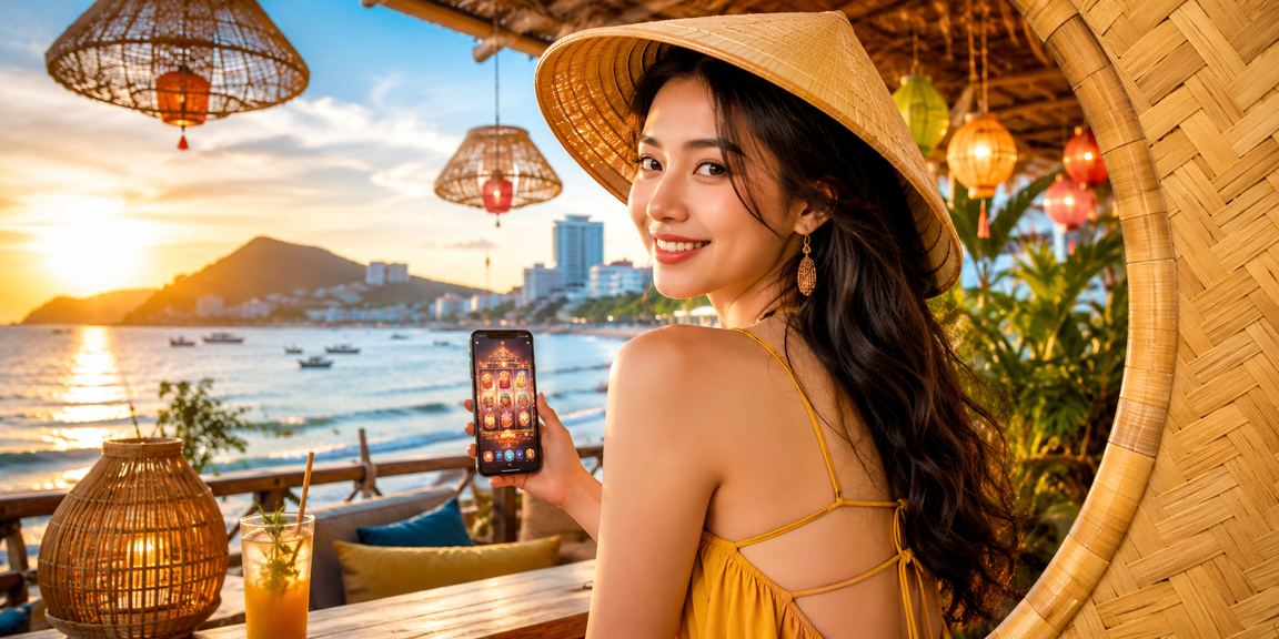Người phụ nữ đội nón lá tại Vũng Tàu kiểm tra số dư và thực hiện rút thưởng trên điện thoại di động
